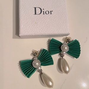 Vintage Christian Dior Pearl Crystal Satin Bow Drop Earrings